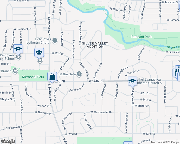 map of restaurants, bars, coffee shops, grocery stores, and more near 1500-1798 S Deerberry Trail in Sioux Falls