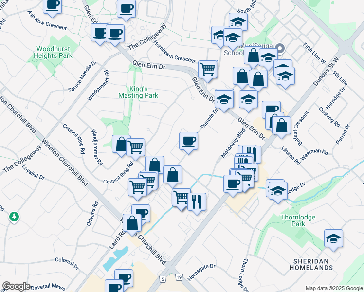 map of restaurants, bars, coffee shops, grocery stores, and more near 2484 Dunwin Drive in Mississauga
