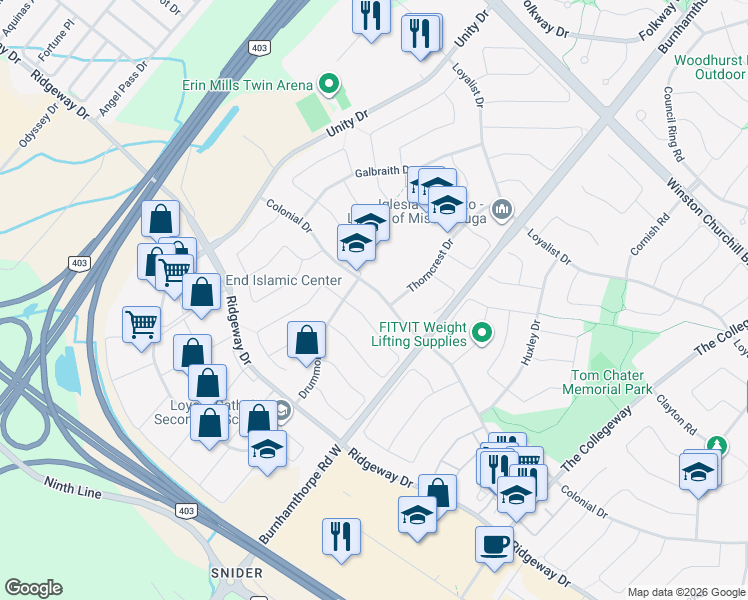 map of restaurants, bars, coffee shops, grocery stores, and more near 4072 Colonial Drive in Mississauga