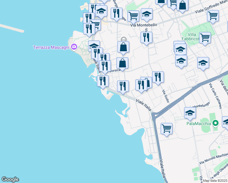 map of restaurants, bars, coffee shops, grocery stores, and more near 26 Viale Italia in Livorno