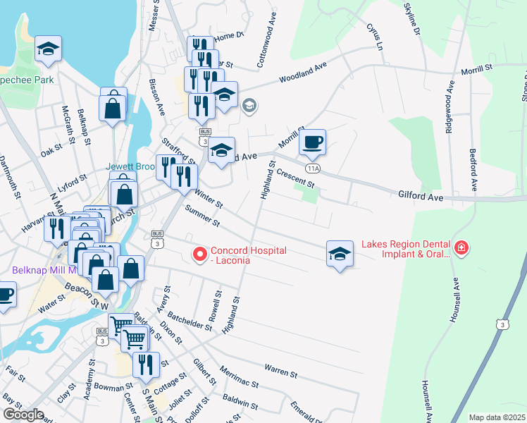 map of restaurants, bars, coffee shops, grocery stores, and more near 163 Highland Street in Laconia
