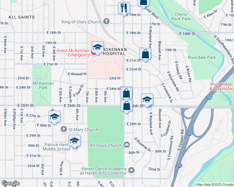map of restaurants, bars, coffee shops, grocery stores, and more near 1719 South 10th Avenue in Sioux Falls