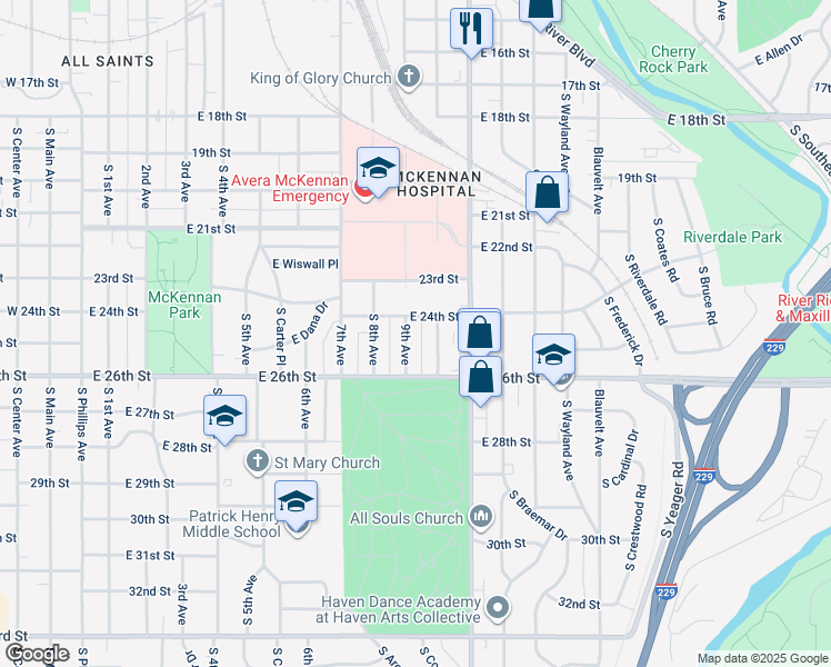 map of restaurants, bars, coffee shops, grocery stores, and more near 1719 South 9th Avenue in Sioux Falls