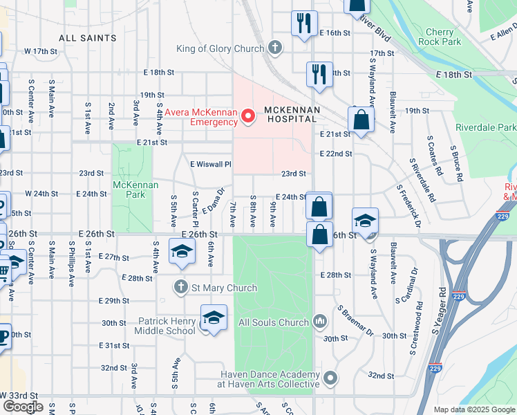 map of restaurants, bars, coffee shops, grocery stores, and more near 1719 South 9th Avenue in Sioux Falls