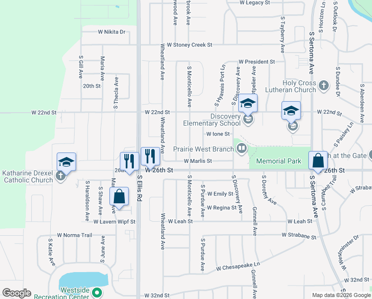 map of restaurants, bars, coffee shops, grocery stores, and more near 1703 South Monticello Avenue in Sioux Falls