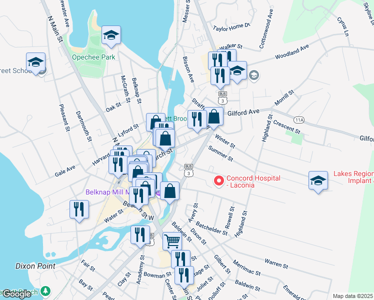 map of restaurants, bars, coffee shops, grocery stores, and more near 192 Union Avenue in Laconia
