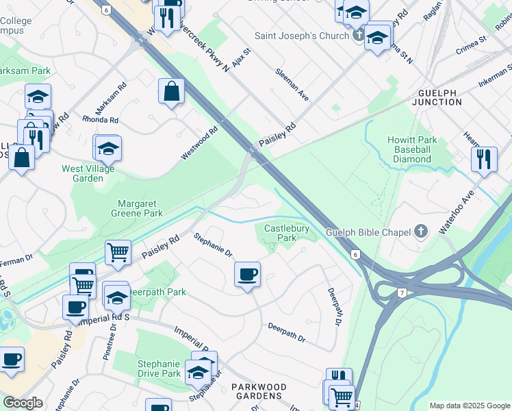 map of restaurants, bars, coffee shops, grocery stores, and more near 28-700 Paisley Road in Guelph