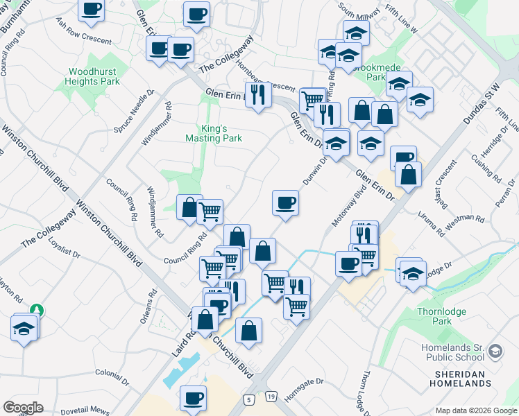map of restaurants, bars, coffee shops, grocery stores, and more near 2505 Dunwin Drive in Mississauga
