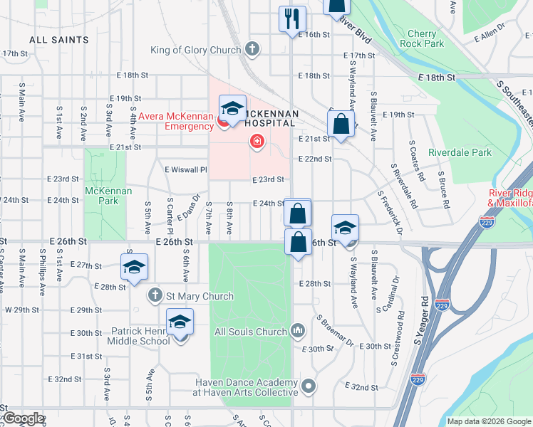 map of restaurants, bars, coffee shops, grocery stores, and more near 1707 South 10th Avenue in Sioux Falls