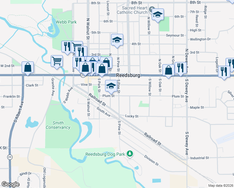 map of restaurants, bars, coffee shops, grocery stores, and more near 420 Plum Street in Reedsburg