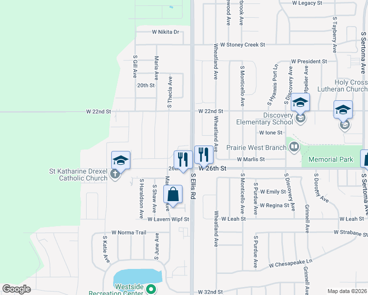 map of restaurants, bars, coffee shops, grocery stores, and more near 2245 South Ellis Road in Sioux Falls
