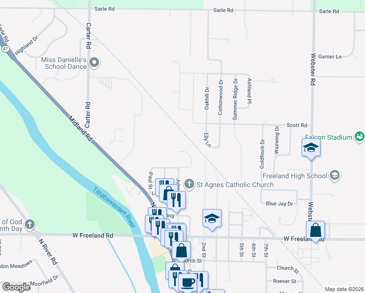 map of restaurants, bars, coffee shops, grocery stores, and more near 433 Johnson Street in Freeland