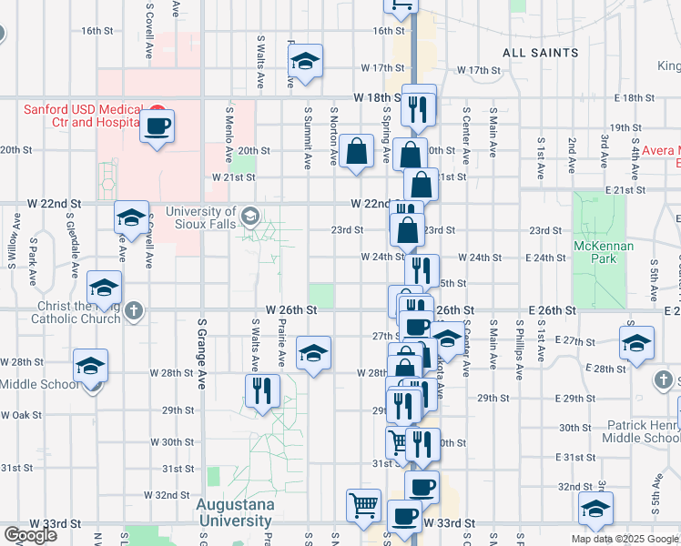 map of restaurants, bars, coffee shops, grocery stores, and more near 1612 South Norton Avenue in Sioux Falls