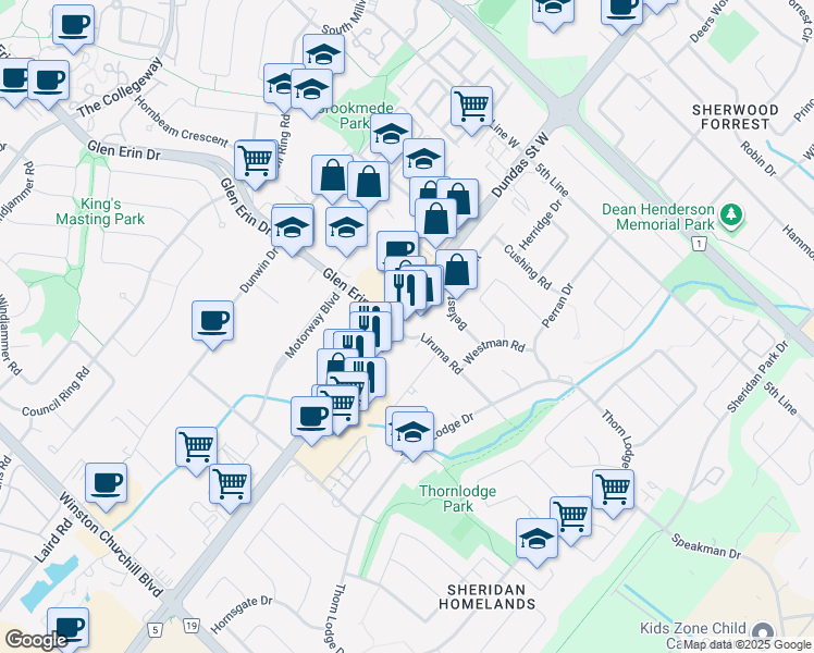 map of restaurants, bars, coffee shops, grocery stores, and more near 2655 Liruma Road in Mississauga