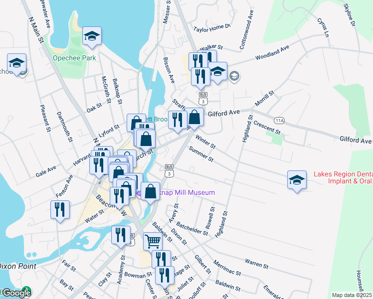 map of restaurants, bars, coffee shops, grocery stores, and more near 10 Olive Place in Laconia