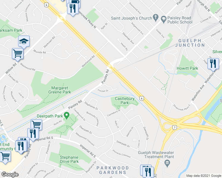 map of restaurants, bars, coffee shops, grocery stores, and more near 28-700 Paisley Road in Guelph