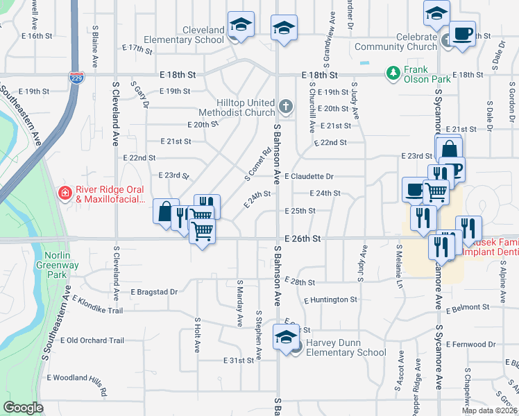 map of restaurants, bars, coffee shops, grocery stores, and more near 3509 East 25th Street in Sioux Falls