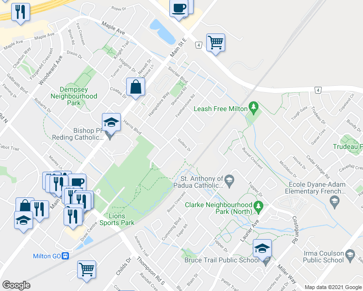 map of restaurants, bars, coffee shops, grocery stores, and more near 110 Gollins Drive in Milton