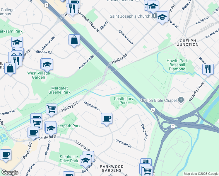 map of restaurants, bars, coffee shops, grocery stores, and more near 28-700 Paisley Road in Guelph