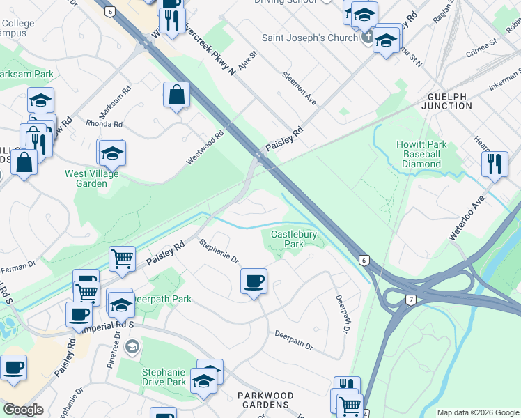 map of restaurants, bars, coffee shops, grocery stores, and more near 700 Paisley Road in Guelph
