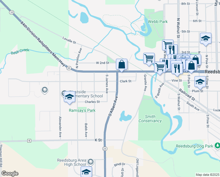 map of restaurants, bars, coffee shops, grocery stores, and more near 237 South James Avenue in Reedsburg
