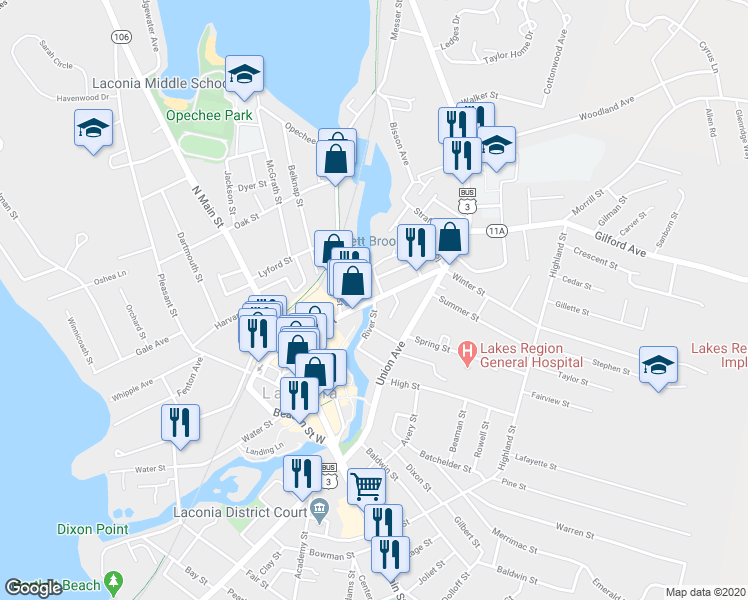 map of restaurants, bars, coffee shops, grocery stores, and more near 88 Church Street in Laconia