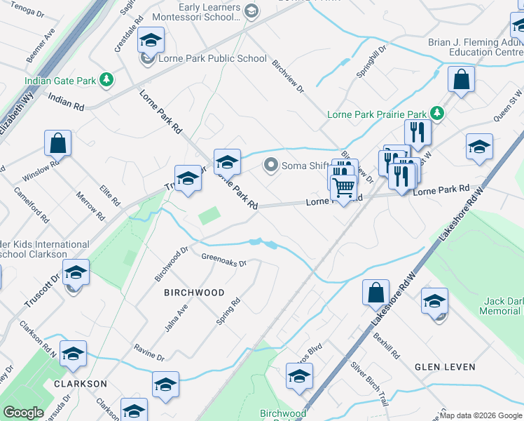 map of restaurants, bars, coffee shops, grocery stores, and more near 1268 Lorne Park Road in Mississauga