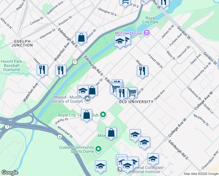 map of restaurants, bars, coffee shops, grocery stores, and more near 206 Edinburgh Road South in Guelph