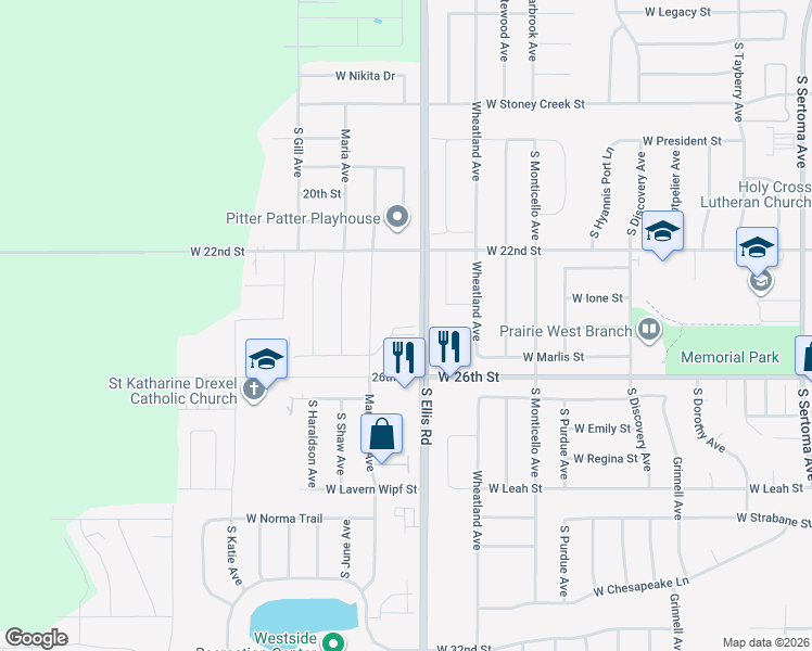 map of restaurants, bars, coffee shops, grocery stores, and more near 2225 South Ellis Road in Sioux Falls