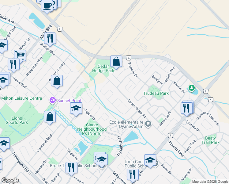 map of restaurants, bars, coffee shops, grocery stores, and more near 1491 Haws Crescent in Milton