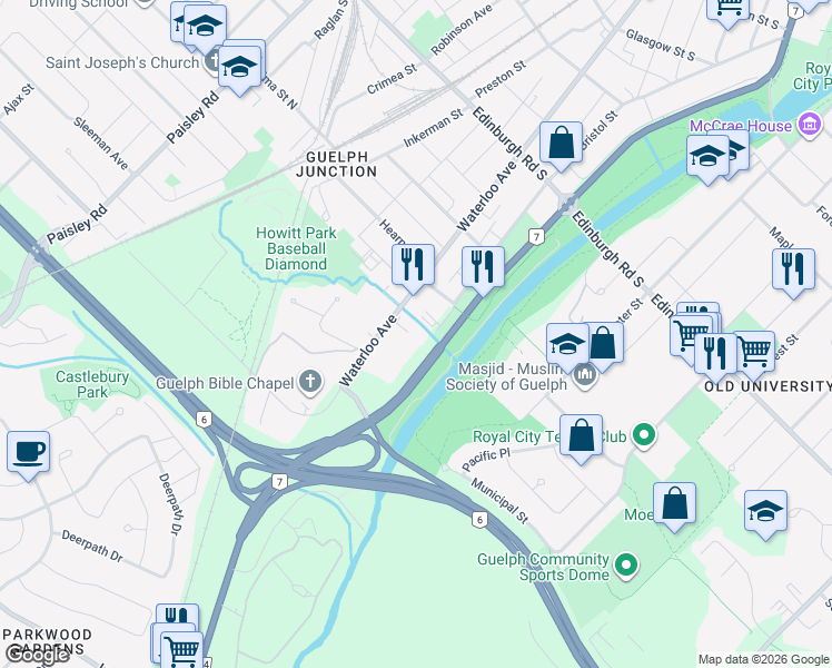 map of restaurants, bars, coffee shops, grocery stores, and more near 31 Roland Street in Guelph