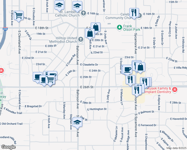 map of restaurants, bars, coffee shops, grocery stores, and more near 3920 East 24th Street in Sioux Falls