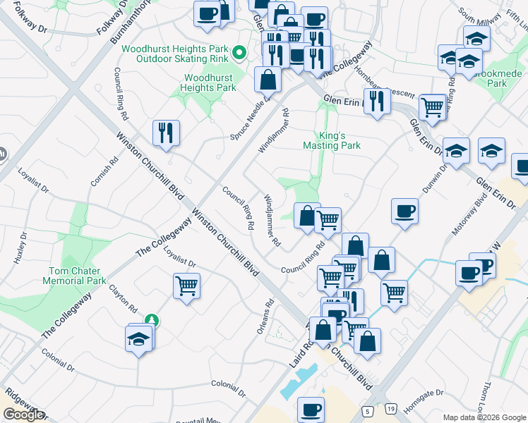 map of restaurants, bars, coffee shops, grocery stores, and more near 2685 Windjammer Road in Mississauga