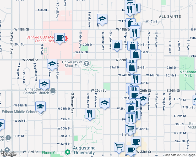map of restaurants, bars, coffee shops, grocery stores, and more near 1501-1599 S Summit Ave in Sioux Falls