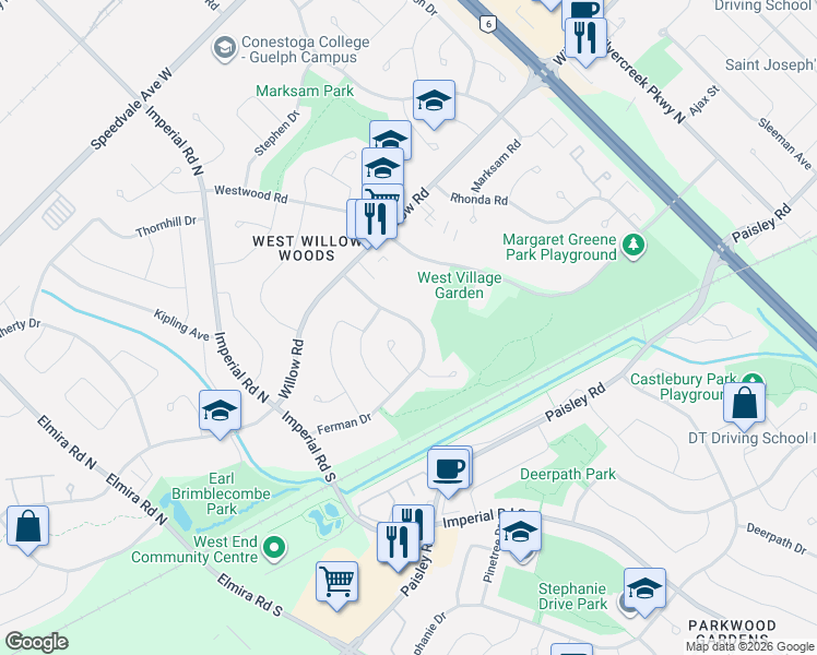 map of restaurants, bars, coffee shops, grocery stores, and more near in Guelph