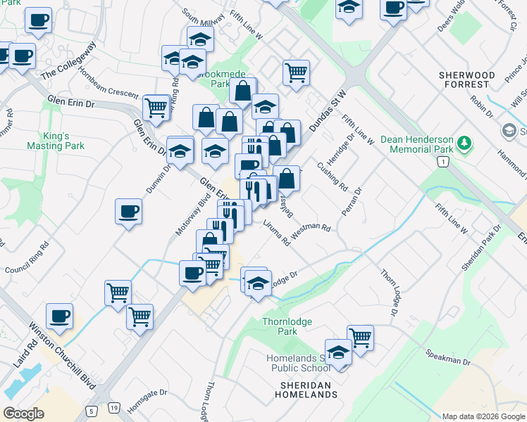map of restaurants, bars, coffee shops, grocery stores, and more near 2645 Liruma Road in Mississauga