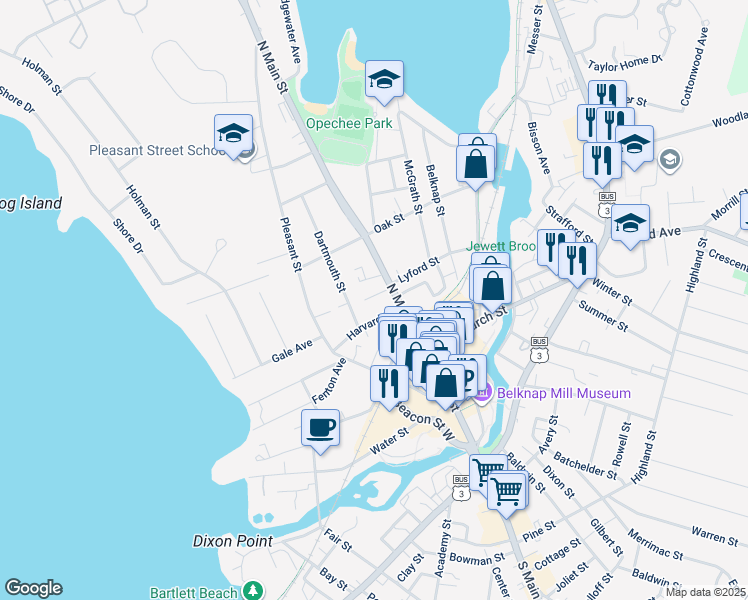 map of restaurants, bars, coffee shops, grocery stores, and more near 762 North Main Street in Laconia