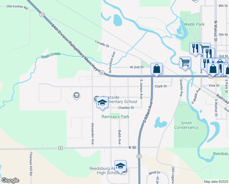 map of restaurants, bars, coffee shops, grocery stores, and more near 542 Clark Street in Reedsburg