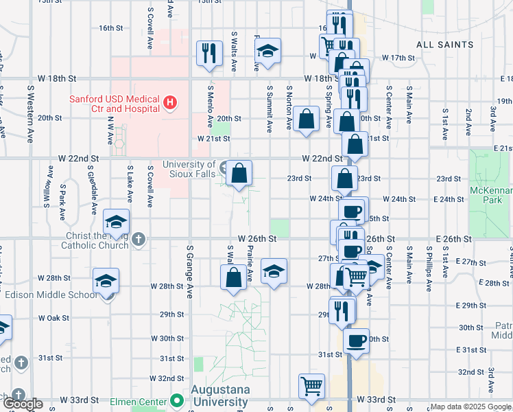 map of restaurants, bars, coffee shops, grocery stores, and more near 1501-1599 S Summit Ave in Sioux Falls