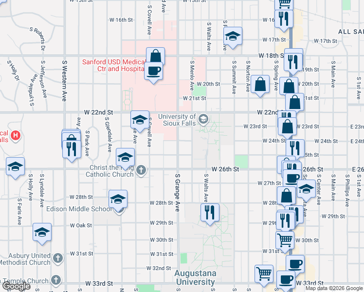 map of restaurants, bars, coffee shops, grocery stores, and more near 1512 South Grange Avenue in Sioux Falls