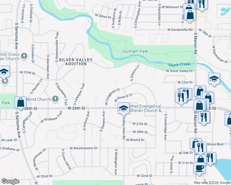 map of restaurants, bars, coffee shops, grocery stores, and more near 1517 South Raymond Circle in Sioux Falls