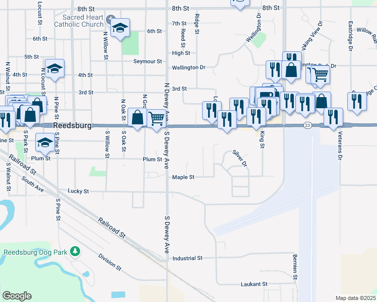 map of restaurants, bars, coffee shops, grocery stores, and more near 300 Mack Drive in Reedsburg