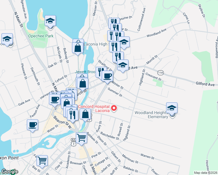 map of restaurants, bars, coffee shops, grocery stores, and more near 244 Union Avenue in Laconia