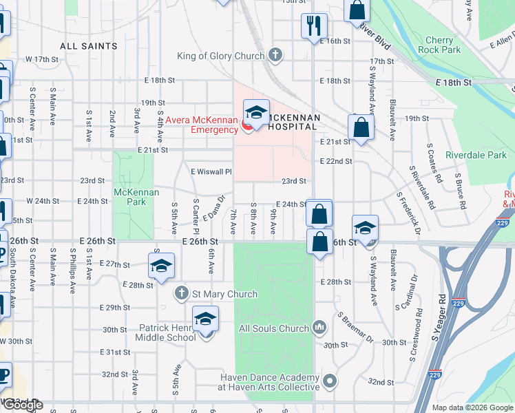map of restaurants, bars, coffee shops, grocery stores, and more near 1643-1699 South 8th Avenue in Sioux Falls
