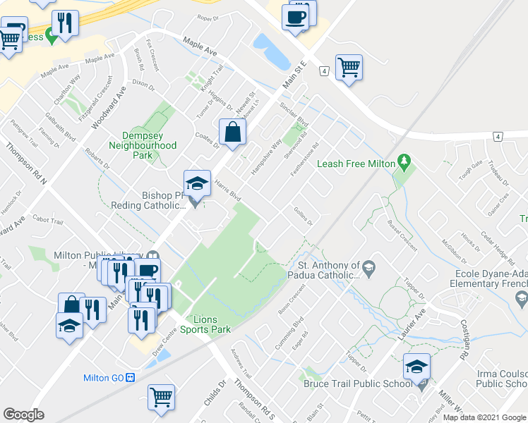 map of restaurants, bars, coffee shops, grocery stores, and more near 75 Harris Boulevard in Milton