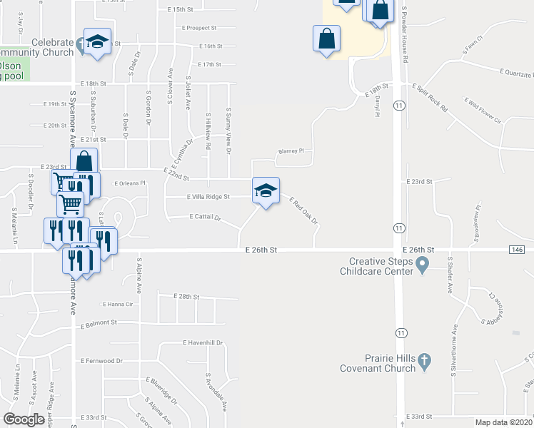 map of restaurants, bars, coffee shops, grocery stores, and more near 5701 East Red Oak Drive in Sioux Falls