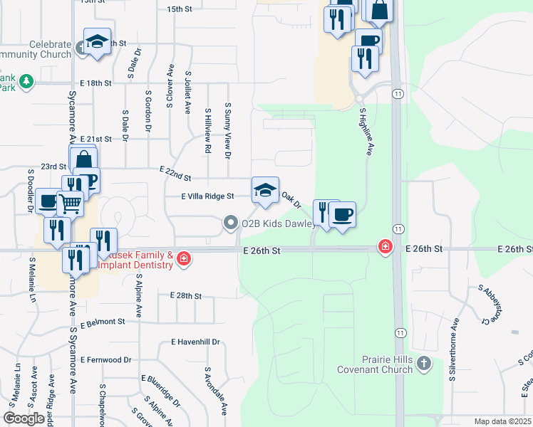 map of restaurants, bars, coffee shops, grocery stores, and more near 5701 East Red Oak Drive in Sioux Falls