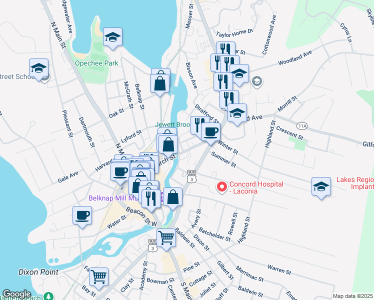 map of restaurants, bars, coffee shops, grocery stores, and more near 124 Church Street in Laconia