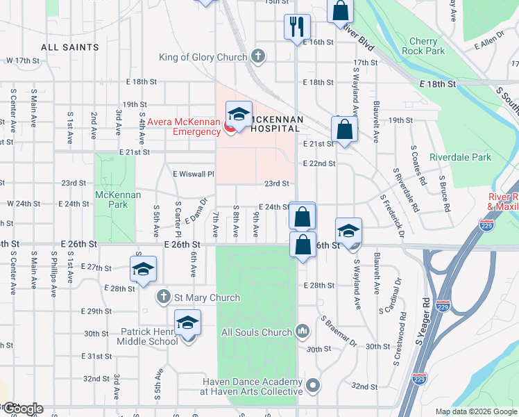 map of restaurants, bars, coffee shops, grocery stores, and more near 1641-1699 S 9th Ave in Sioux Falls
