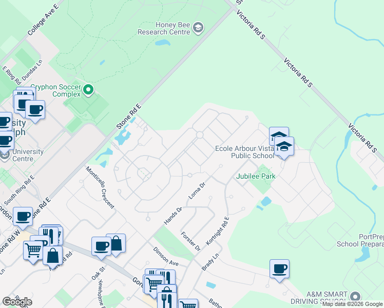 map of restaurants, bars, coffee shops, grocery stores, and more near 36 Beechlawn Boulevard in Guelph